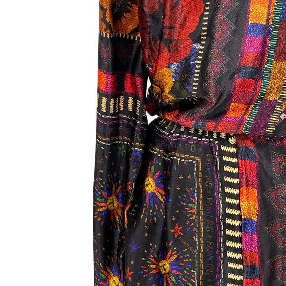 Farm Rio Black Multicolor Mixed Arabesque Scarves Long Sleeve Mini Wrap Dress M - Picture 3 of 10